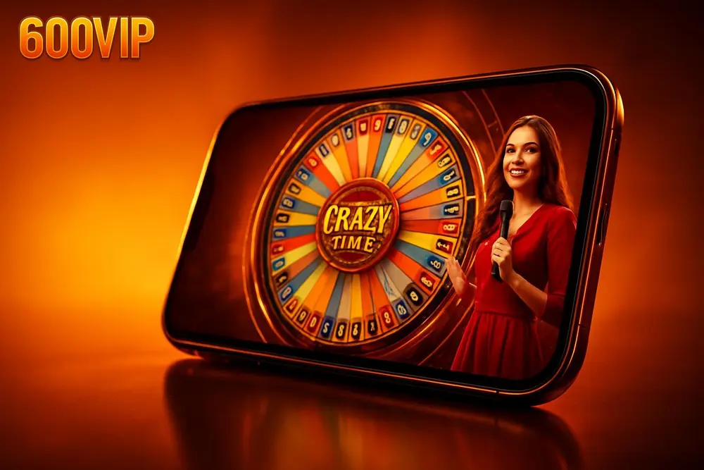 600VIP Crazy Time โ a smartphone showing a live colorful wheel casino game 600VIP Crazy Time โ a smartphone showing a live colorful wheel casino game