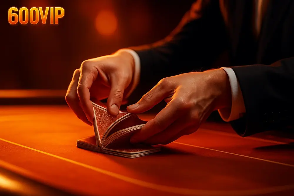 600VIP Live Casino โ a dealer's hands shuffling cards on a live-streamed casino table 600VIP Live Casino โ a dealer's hands shuffling cards on a live-streamed casino table