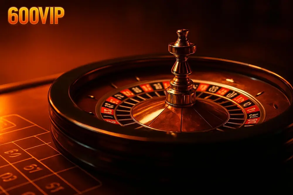600VIP Live Casino โ a glowing roulette wheel on a live casino table with orange lighting 600VIP Live Casino โ a glowing roulette wheel on a live casino table with orange lighting